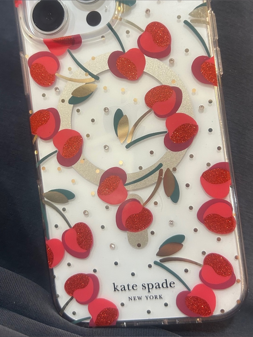kate spade Red Glitter Cherry Clear iPhone Case with Gold Accents